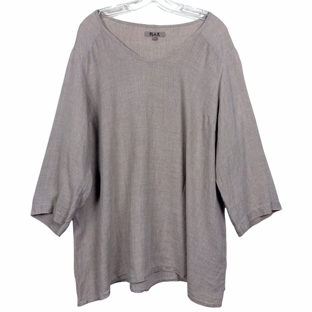 FLAX V-Neck Blouse Size 1G 1X Beige Relaxed Pullover 3/4 Sleeve